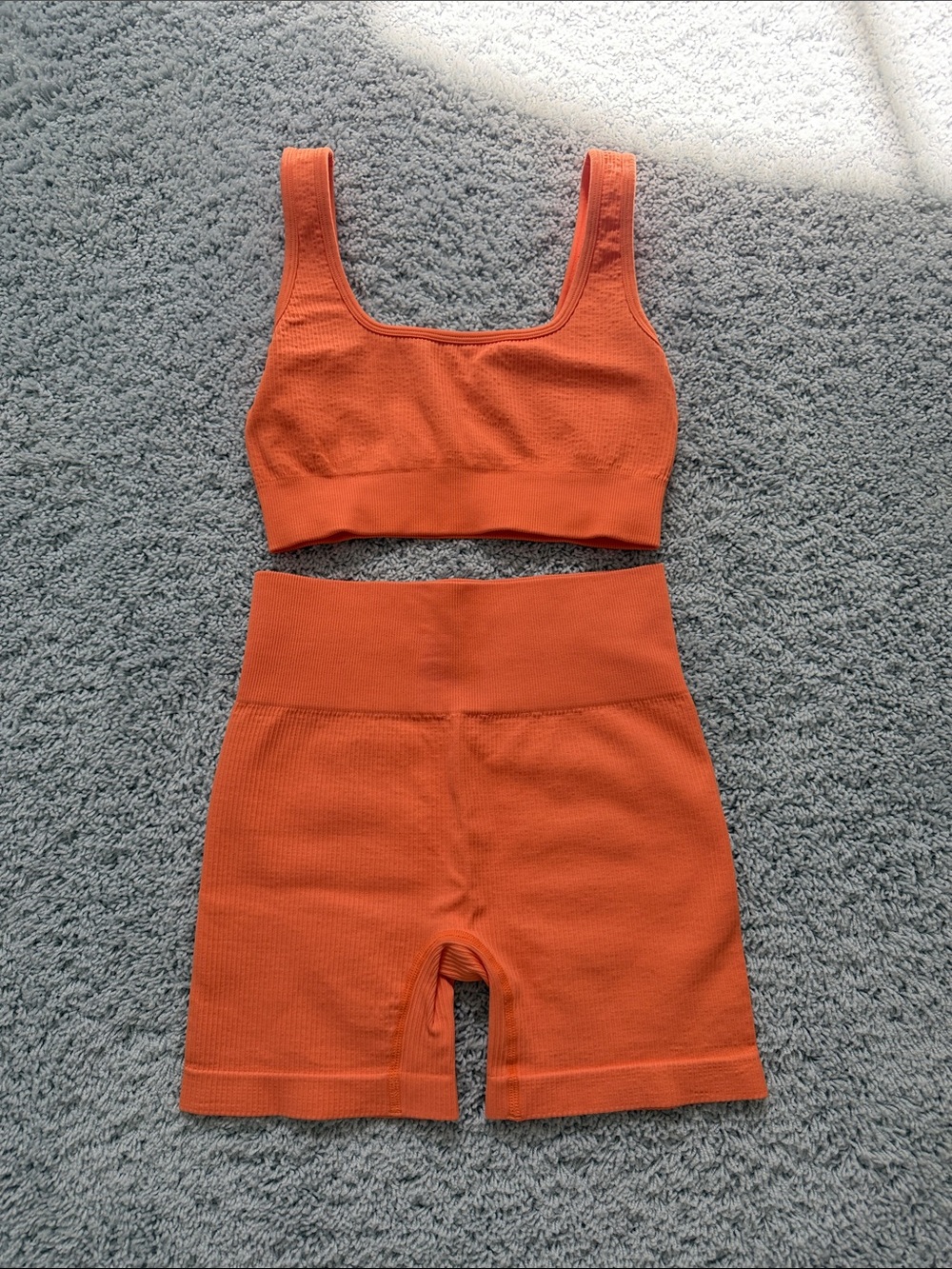 Seamless Ribbed Tank Bra & High-Waist Bike Shorts Set - Orange